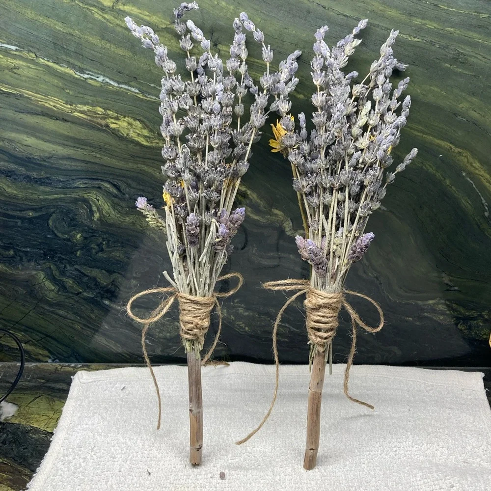 Hand Crafted Floral Bouquets White Sage Lavender and Yellow Dried Set of 2